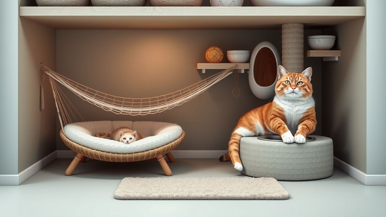 Estruturas com rede, cama e comedouro integrados para Gatos
